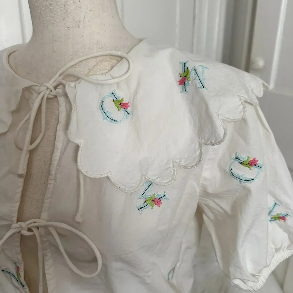 Damson Madder White Floral Collared Tie Top - Picture 3 of 5